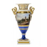 A CHAMBERLAIN WORCESTER BLUE GROUND VASE, C1825 painted with a gilt framed square panel of Oxford,