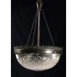AN OXIDISED BRASS AND CUT GLASS ELECTRIC CEILING LIGHT, C1920/30 the hemispherical bowl 40cm diam,