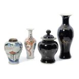 A CHINESE WUCAI VASE, A FAMILLE VERTE VASE AND BLACK GROUND VASE AND JAR AND COVER, QING DYNASTY,