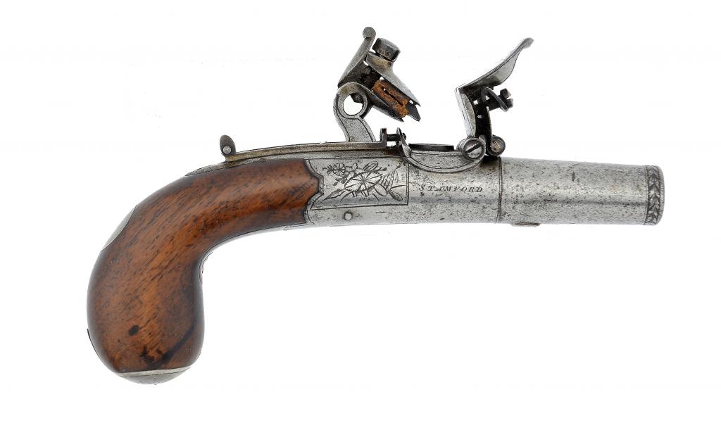 AN ENGLISH FLINTLOCK 54 BORE POCKET PISTOL, C1815-20 with engraved turn off barrel and lock