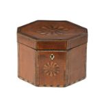 A GEORGE III SATINWOOD AND INLAID TEA CADDY, C1790 the interior with mahogany cover and brass