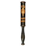 A VICTORIAN PAINTED WOOD BALUSTER TRUNCHEON painted in red and gold with crown, VRI and inscribed