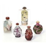 THREE CHINESE OVERLAY GLASS SNUFF BOTTLES AND TWO INTERIOR PAINTED GLASS SNUFF BOTTLES, LATE 19TH