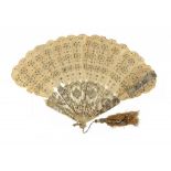 A FRENCH BONE BRISÉ FAN, 19TH C with gilt and silvered sticks and silk leaf, mother of pearl