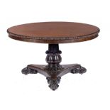 A VICTORIAN ROSEWOOD BREAKFAST TABLE, C1840 the richly figured top with bobbin turned mouldings,