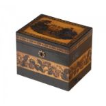 A VICTORIAN TUNBRIDGE WARE TEA CADDY, C1850 the lid with view of Hever Castle, the interior with the