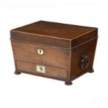 AN ENGLISH ROSEWOOD AND LINE INLAID TEA CADDY, C1830 of adapted as a jewel box and fitted with a