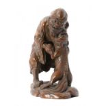 A CHINESE CARVED BAMBOO GROUP OF A SAGE AND DOG OF FO 19cm h, ++Much accretion of dust but