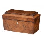 A GEORGE IV BURR MAPLE TEA CADDY, C1830 the fitted interior with pair of canisters and