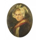 19TH CENTURY SCHOOL A YOUNG WOMAN IN A BONNET bust length, oval, oil on canvas, 48 x 36cm ++