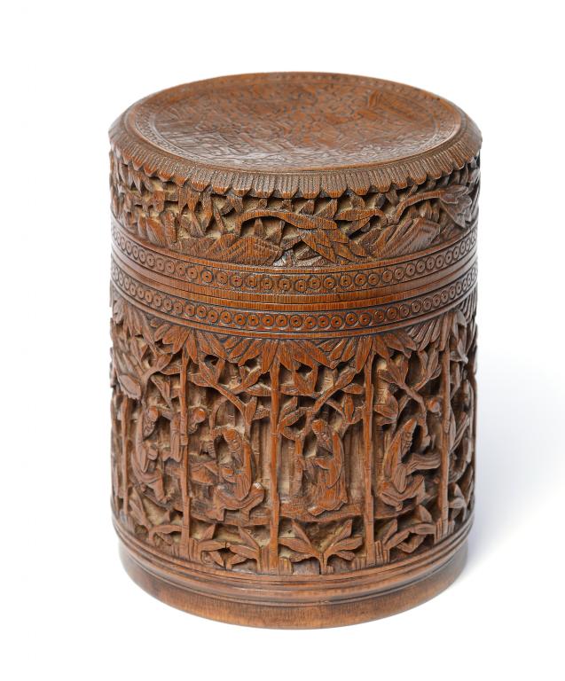 A CHINESE CARVED BAMBOO BOX AND COVER the slightly dished cover carved in shallow relief with a