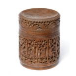 A CHINESE CARVED BAMBOO BOX AND COVER the slightly dished cover carved in shallow relief with a