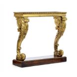 A REGENCY GILTWOOD CONSOLE TABLE, C1820 on rectangular rosewood plinth, 88cm h; 35 x 93cm