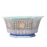 A CHINESE PORCELAIN TURQUOISE GROUND HEXAGONAL BOWL, 19TH/20TH C painted with a band of diaper and