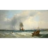 ENGLISH MARINE SCHOOL, 19TH CENTURY SHIPPING OFF THE COAST oil on canvas, 89 x 150cm ++In very