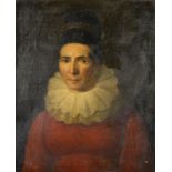 19TH CENTURY SCHOOL PORTRAIT OF A LADY IN A RED DRESS AND DIADEM bust length, oil on canvas, 56 x