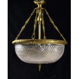 A LACQUERED BRASS AND CUT GLASS ELECTRIC CEILING LIGHT, C1920/30 with laurel rim, 45cm diam, 52cm