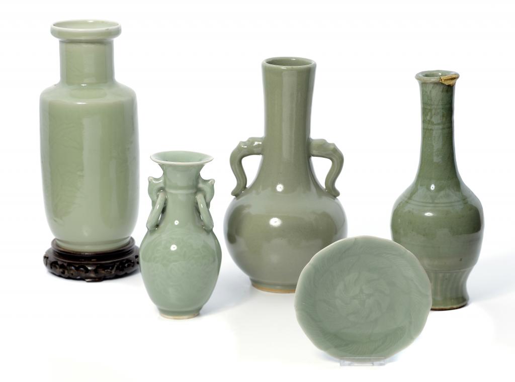 A CHINESE CELADON VASE, QING DYNASTY AND FOUR OTHER CELADON WARES OF LATER DATE all but one