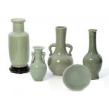 A CHINESE CELADON VASE, QING DYNASTY AND FOUR OTHER CELADON WARES OF LATER DATE all but one