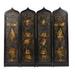 A VICTORIAN GOTHIC BLACK AND GOLD PAINTED FOUR FOLD SCREEN, C1880 the leaves decorated to both sides