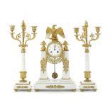 A FRENCH GILT BRASS MOUNTED STATUARY MARBLE GARNITURE DE CHEMINÉE, C1900 having bell striking