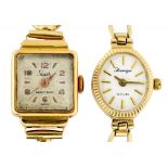 A LUNESA 18CT GOLD SQUARE LADY'S WRISTWATCH ON GOLD PLATED BRACELET AND A SOVEREIGN 9CT GOLD