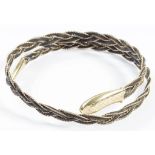 A GOLD AND PLAITED HAIR MOURNING BRACELET IN FORM OF A COILED SNAKE WITH ENGRAVED HEAD AND TAIL,