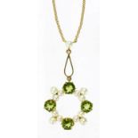 A PERIDOT AND CULTURED PEARL CIRCLET PENDANT IN 9CT GOLD, BIRMINGHAM 1994, ON A 9CT GOLD NECKLET,