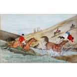 MARTIN C. NAUGHTON - A HUNTING MISHAP, SIGNED AND INSCRIBED WITH A CAPTION, WATERCOLOUR, 33CM X