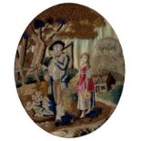 A REGENCY EMBROIDERED SILK PICTURE OF A WOODMAN AND HIS DAUGHTER, DERIVED FROM THE PICTURE BY THOMAS