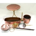 A VICTORIAN COPPER WARMING PAN WITH FRUITWOOD HANDLE, 105CM L, A SHEET COPPER OVAL JARDINIERE WITH