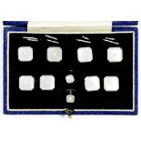 A WHITE GOLD, MOTHER OF PEARL AND CULTURED PEARL GENTLEMAN'S DRESS SET, MARKED 9C, CASE SIGNED FOR