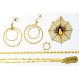 A GOLD SPIDER AND WEB PENDANT, MARKED 14K, A GOLD ROPE NECKLACE, MARKED 750 AND SEVERAL OTHER