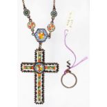 AN ITALIAN MOSAIC CROSS AND NECKLET AND A WIRE SCENT BOTTLE CORKSCREW, BOTH 19TH CENTURY