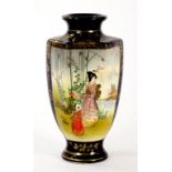 A JAPANESE COBALT GROUND SATSUMA HEXAGONAL VASE PAINTED WITH TWO PANELS OF YOUNG WOMEN, 18.5CM H,