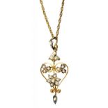 AN ART NOUVEAU SPLIT PEARL AND GOLD OPENWORK PENDANT, MARKED T+H, EARLY 20TH CENTURY, 2.8G, AND A