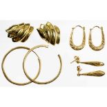 FOUR PAIRS OF GOLD EARRINGS, MARKED 9K OR UNMARKED, 9G