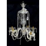 A VICTORIAN STYLE CUT GLASS CHANDELIER, 37CM H, ANOTHER GLASS HANGING LIGHT AND VARIOUS GLASS DROPS