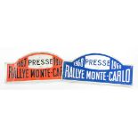 TWO FRENCH EMBOSSED METAL RALLYE MONTE-CARLO JOURNALIST'S ACCREDITATION PLATES BY MANILUX MARSEILLE,