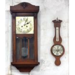 AN OAK WALL CLOCK, 80CM H, 1930S AND A REPRODUCTION BAROMETER