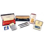 A RONSON PENCILITER CASED, SEVERAL OTHER VINTAGE CIGARETTE LIGHTERS AND FOUNTAIN PENS AND PENCILS