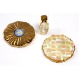 TWO STRATTON GILT PLATED COMPACTS AND A STRATTON LIPSTICK CONTAINER WITH MIRROR, ALL MID 20TH