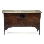 AN 18TH CENTURY BOARDED OAK CHEST 63CM X 110CM