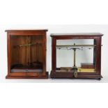 TWO VICTORIAN OR EDWARDIAN MAHOGANY OR WALNUT CASED CHEMICAL BALANCES AND VARIOUS CONTEMPORARY