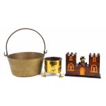 A 1930'S STAINED WOOD BANK IN THE FORM OF A CASTLE WITH ROCKING FIGURE 17CM H A VICTORIAN BRASS