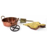 A VICTORIAN BRASS BOTTLE JACK WITH CLOCKWORK MECHANISM, A VICTORIAN COPPER PRESERVING PAN WITH