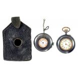 AN EARLY 20TH CENTURY GUNMETAL BUTTONHOLE WATCH AND A CONTEMPORARY GUNMETAL FOB WATCH, EARLY 20TH