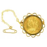 GOLD COIN. HALF SOVEREIGN 1897 MOUNTED IN A 9CT GOLD BROOCH, 6.5G,