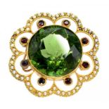 A BELLE EPOQUE GREEN PASTE GARNET SPLIT PEARL AND GOLD PENDANT MARKED 15CT, 5.9G