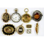 THREE VICTORIAN MOURNING BROOCHES A SILVER FOB WATCH A VICTORIAN GILTMETAL LOCKET ETC